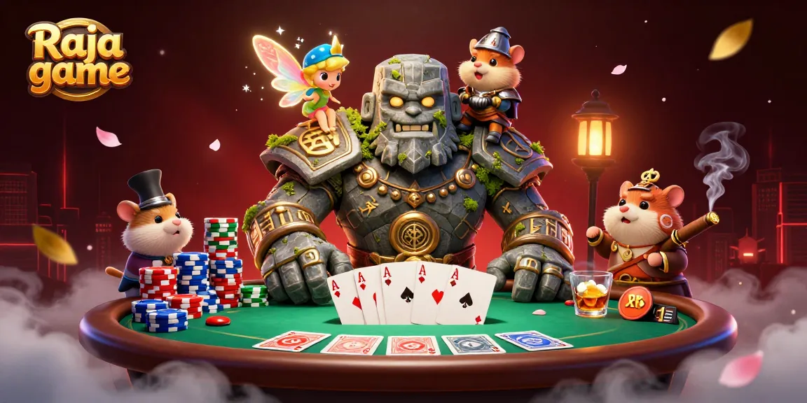 Engage in the exciting Raja game with dynamic characters, poker elements, and vibrant casino ambiance.