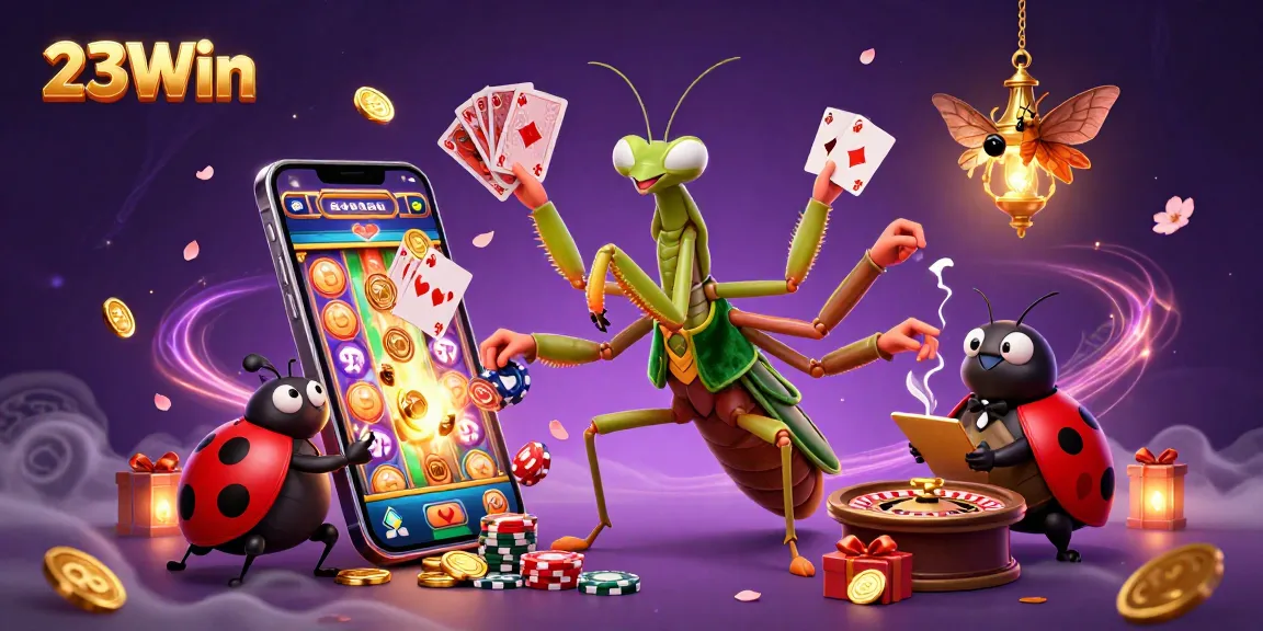 Engage in thrilling gameplay at 23Win's casino, featuring a vibrant scene with colorful slot games.