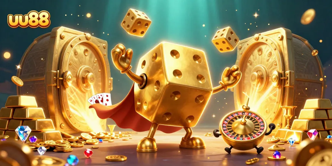 uu88 features an engaging 3D golden dice golem amid vibrant casino elements, showcasing gaming excitement.