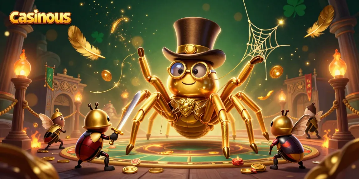 Experience thrilling games at casinous with a golden tarantula and brave beetle knight amidst vibrant casino elements.