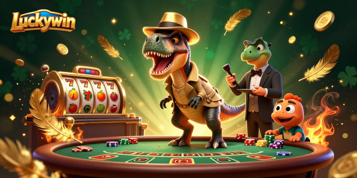 Experience thrilling blackjack action with Luckywin's cartoon velociraptor card counter in a vibrant casino scene.