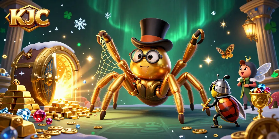 Experience KJC's vibrant online casino world with golden treasure and dynamic characters.