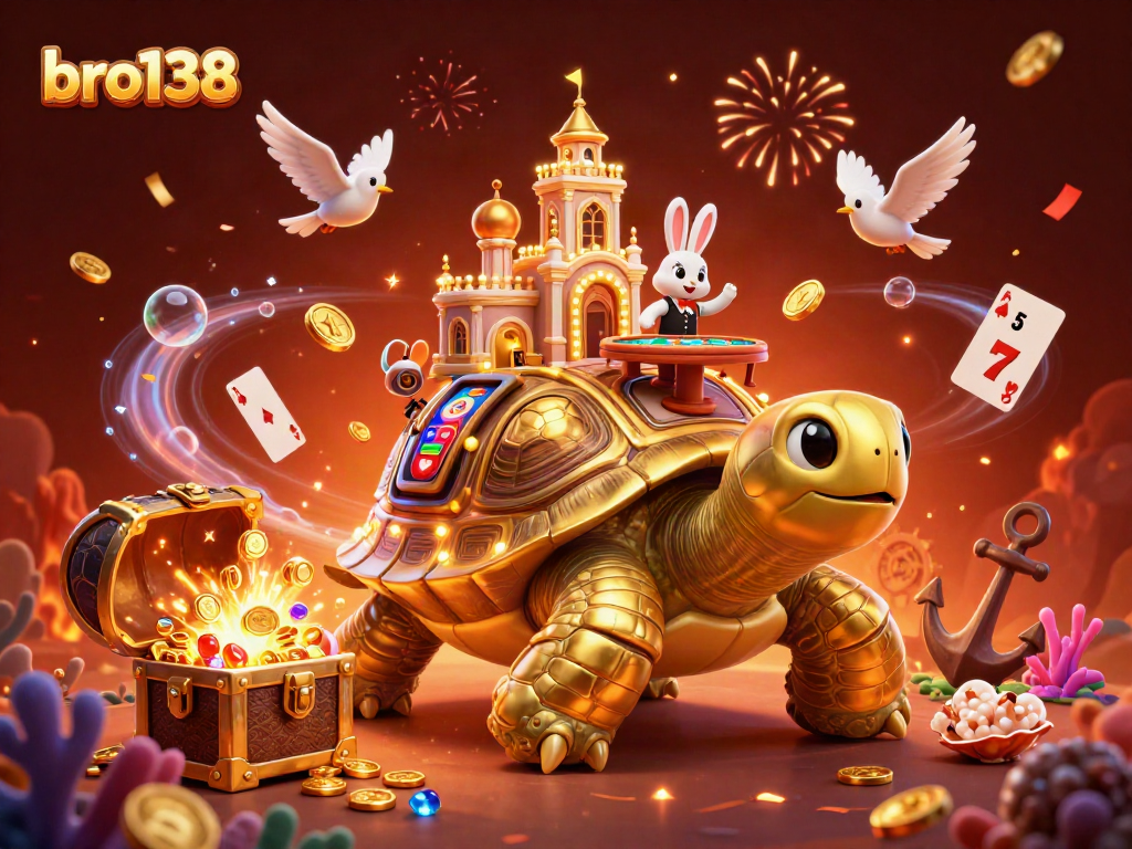 Spin exciting fortune with bro138's dynamic casino scene featuring a golden tortoise and floating slot reels.