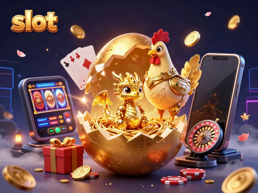 Crack the slot with a stunning scene featuring a golden baby dragon and casino elements.