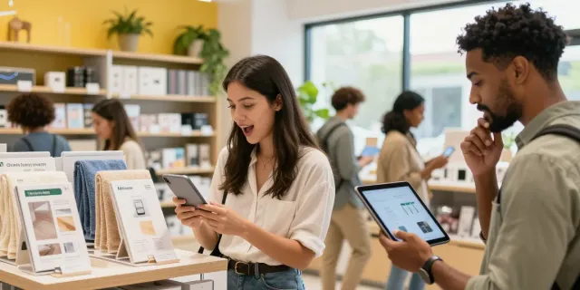 Shopsmart e-commerce scene with diverse consumers exploring eco-friendly products and personalized towels.