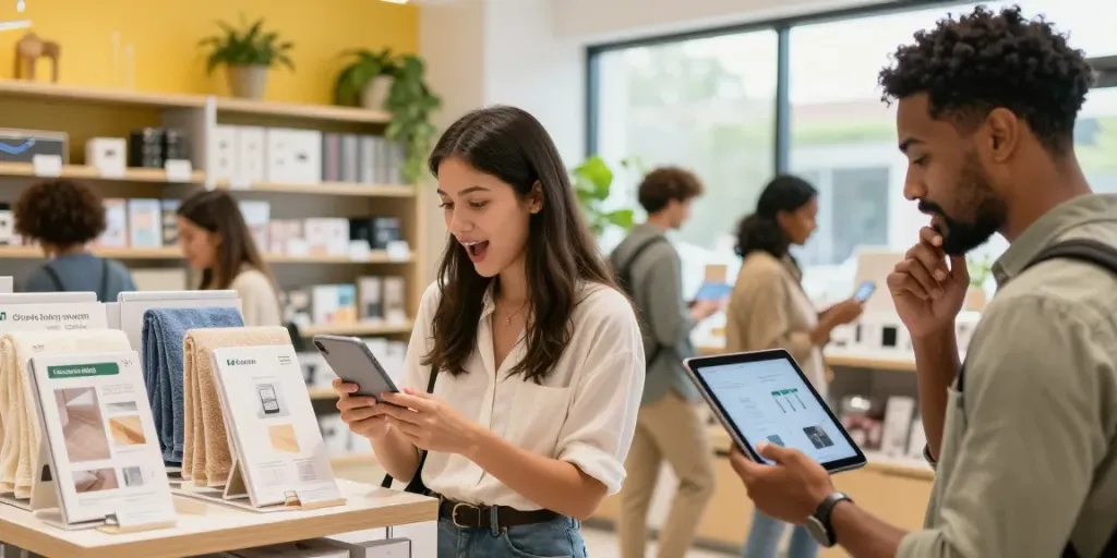 Shopsmart e-commerce scene with diverse consumers exploring eco-friendly products and personalized towels.