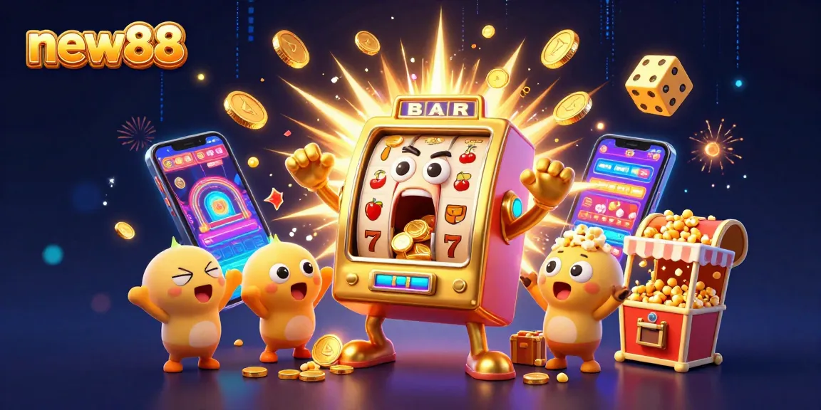new88 celebrates wins with a cartoon golden slot machine and lively companions in a vibrant casino scene.