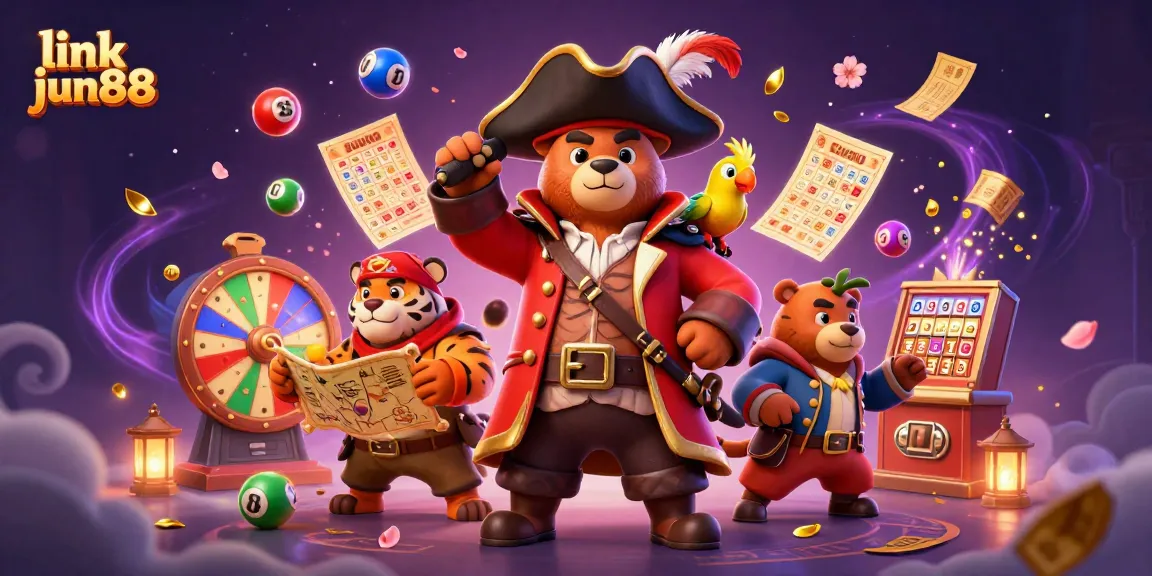 Engage with the vibrant action of link jun88 as a 3D pirate bear explores a colorful casino world filled with interactive games.
