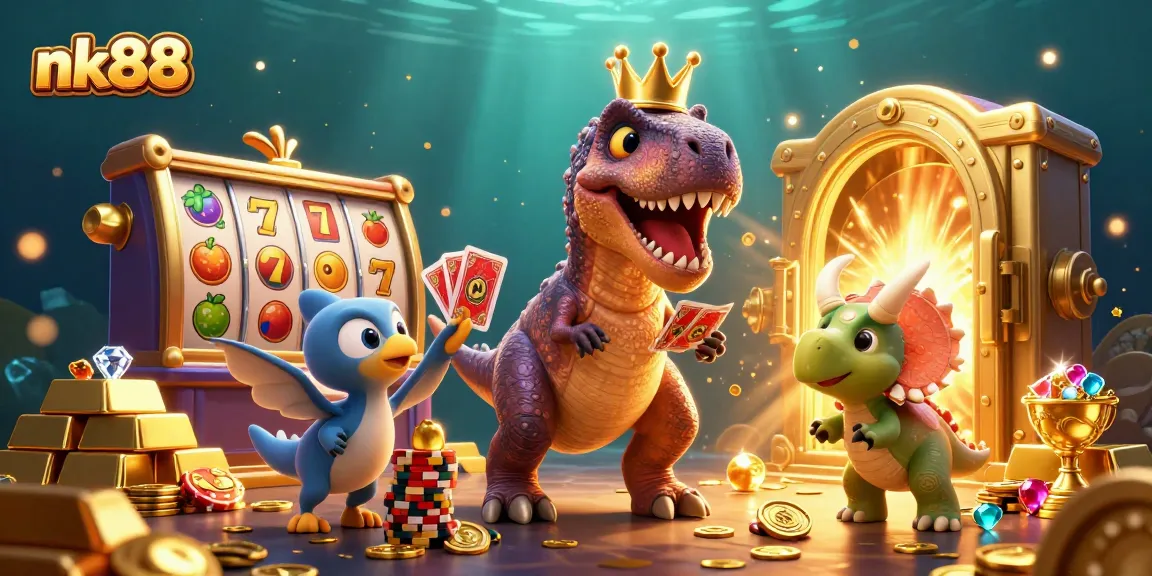 nk88 brings thrilling jackpots alive with a fun T-Rex and friends in a vibrant casino scene.