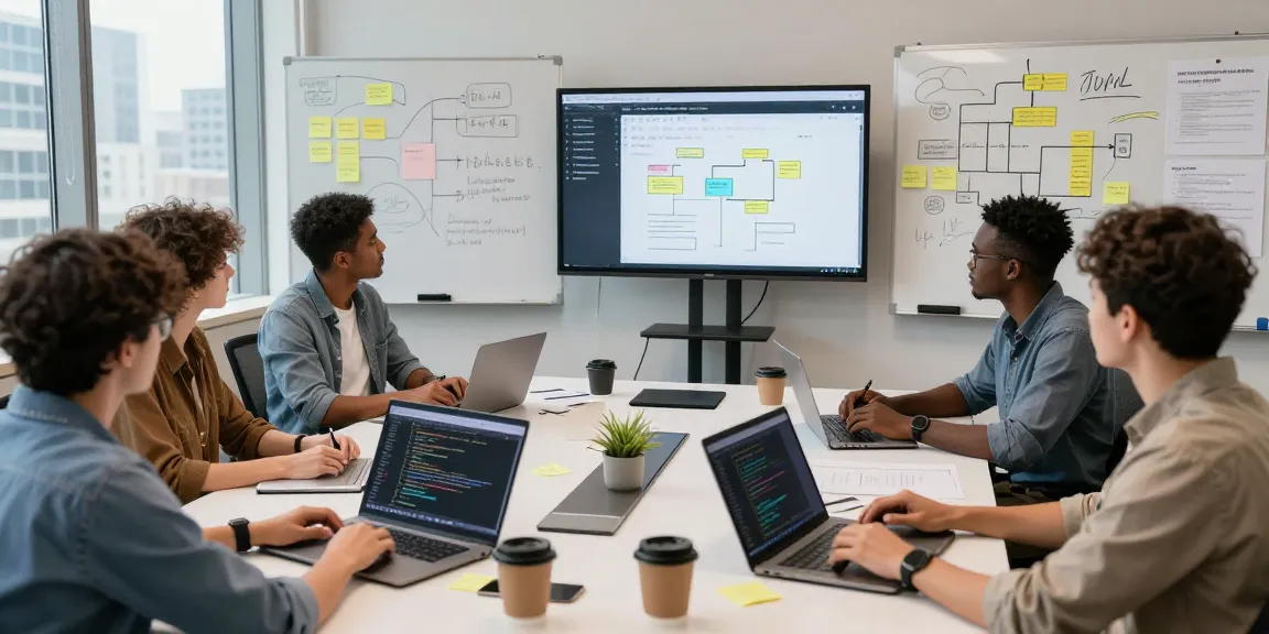 Build internal tools with AI in a collaborative workspace with diverse professionals brainstorming and developing solutions.