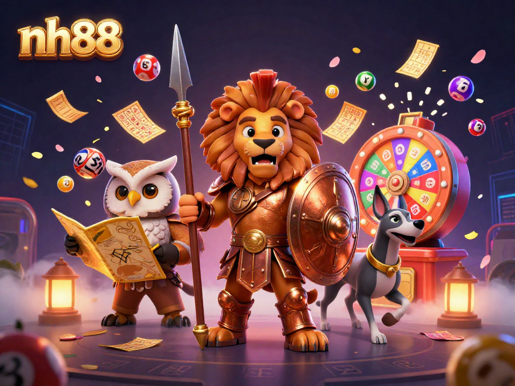 Engage with the thrilling atmosphere of nh88, featuring colorful lottery elements and charismatic characters in a vibrant casino setting.