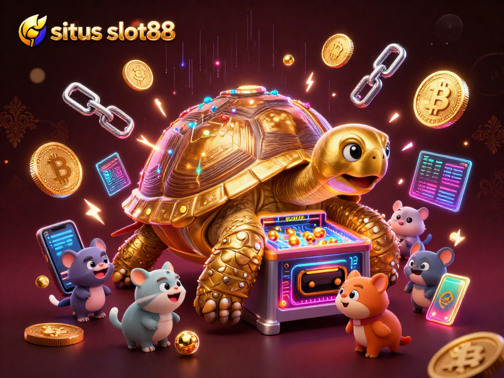 Engage with situs slot88, showcasing a whimsical golden tortoise pinball machine amidst exciting casino elements.