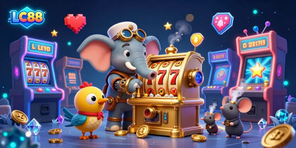 Spin to win with LC88 in vibrant, ultra-detailed casino illustration showcasing steampunk themes.