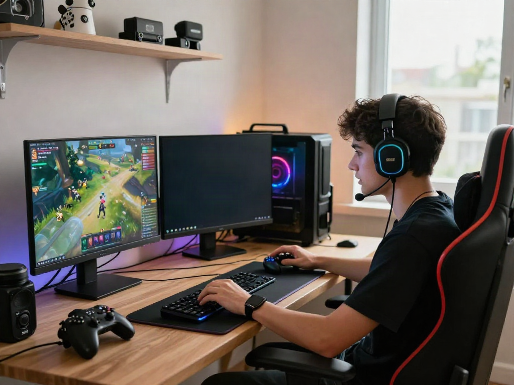 Intense online gaming session with young male gamer and qqmacan alternatif interface in modern setup.