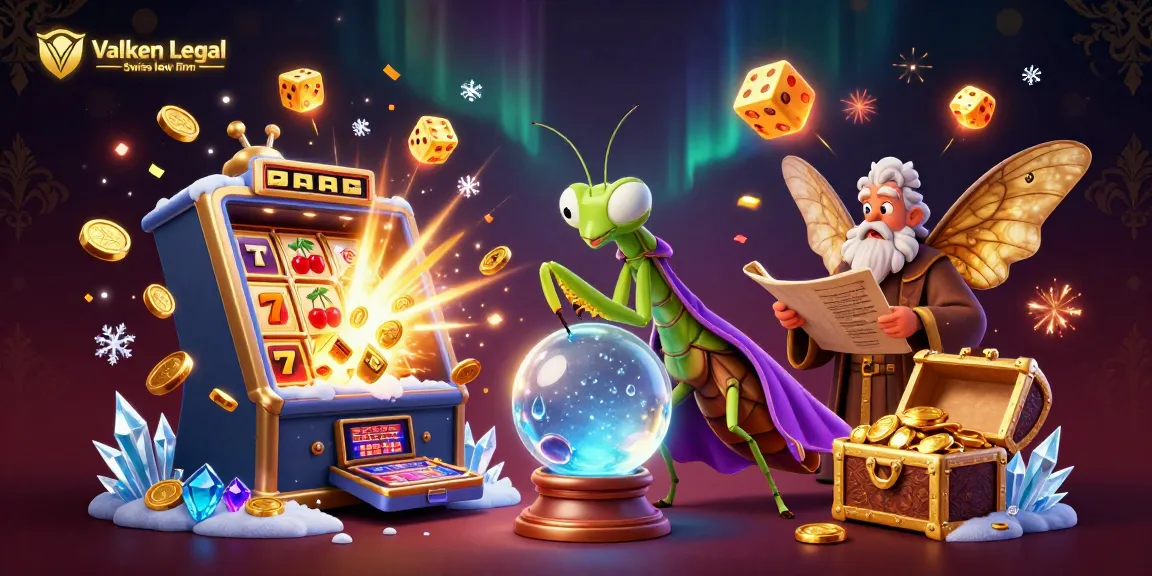 Engage with Valken Legal — Swiss law firm as a vibrant casino scene unfolds with fortune tellers and slot machines.