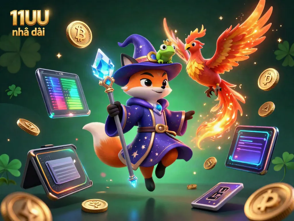 Engaging illustration of 11UU nhà cái with a mystical wizard fox, phoenix friend, and gambling elements.