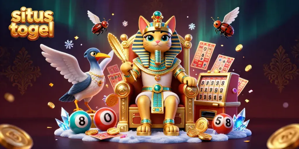 A lively scene illustrating the thrilling world of situs togel with a pharaoh cat, an ibis scribe, and lottery elements.