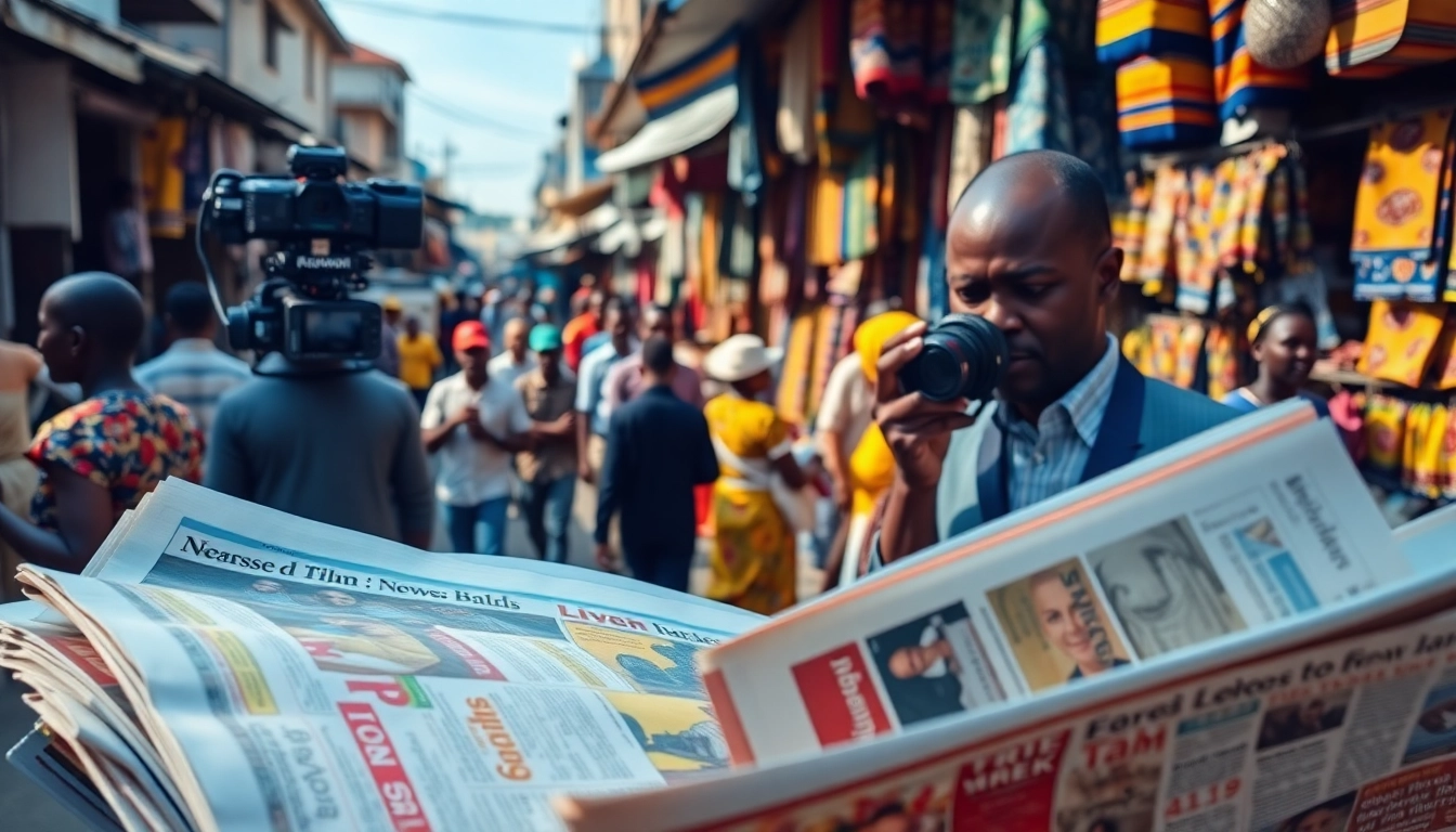 Journalist showcasing Nigerian Newspaper Headlines amidst a bustling Lagos street market.