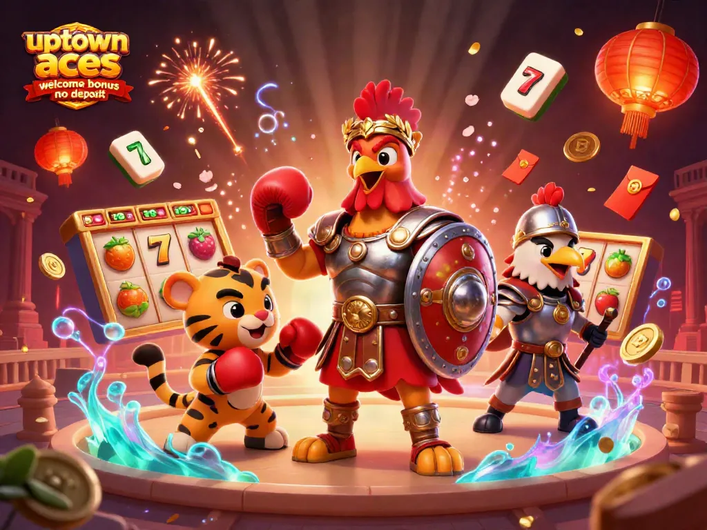 Engage with the uptown aces welcome bonus no deposit in this colorful casino-inspired 3D scene filled with lively characters and slot game elements.