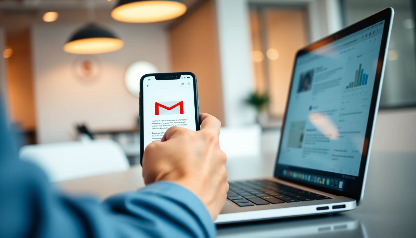 在管理电子邮件时下载gmail下载的现代办公环境，展现现代和简约的风格的用户。