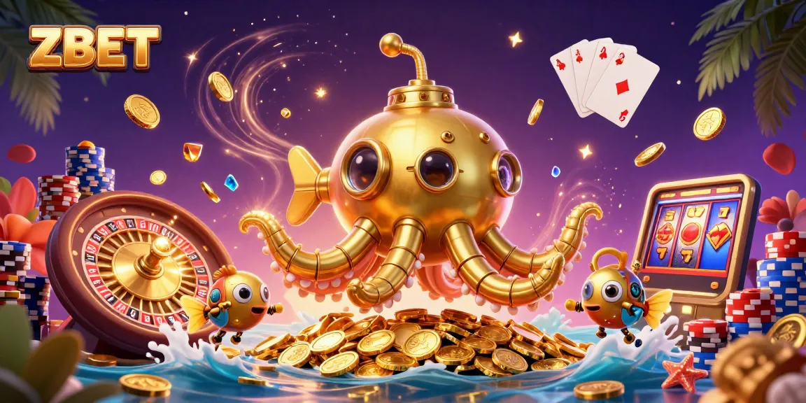 ZBET brings excitement in an ultra-detailed 3D casino illustration, showcasing colorful gaming elements and golden treasures.