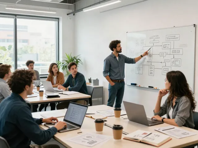 Professionals collaborating in a vibrant coworking space while taking a look at the site here.