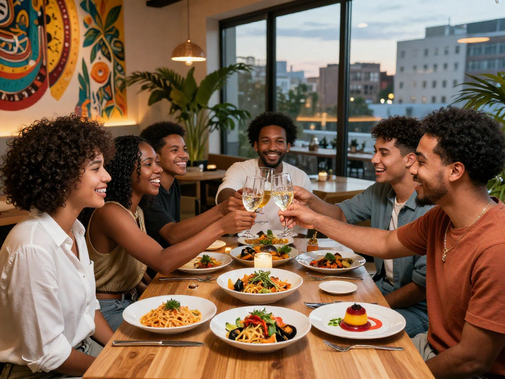 Friends enjoying a vibrant meal at a restaurant featuring lavowin-inspired dishes, showcasing culinary diversity and social dining.