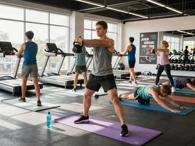MOTS-C peptide workout scene in a vibrant gym with individuals exercising.