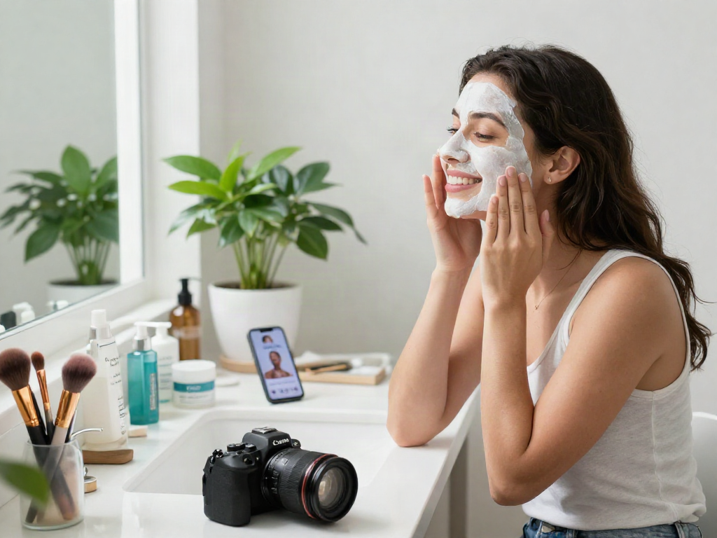 Woman enjoying self-care in a bathroom analyzing skin with ClinicEvo vs QOVES.