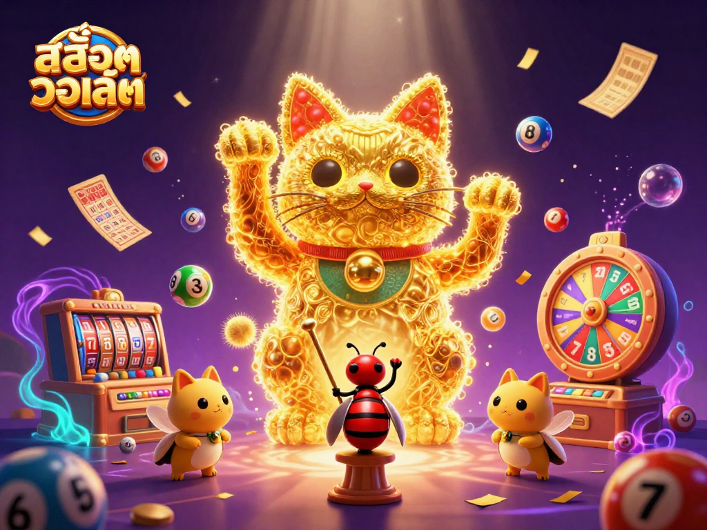 เกมสล็อตวอเลท ที่มีแมวโชคลาภ และลูกบอลหมายเลขกระเด้งอยู่รอบๆ