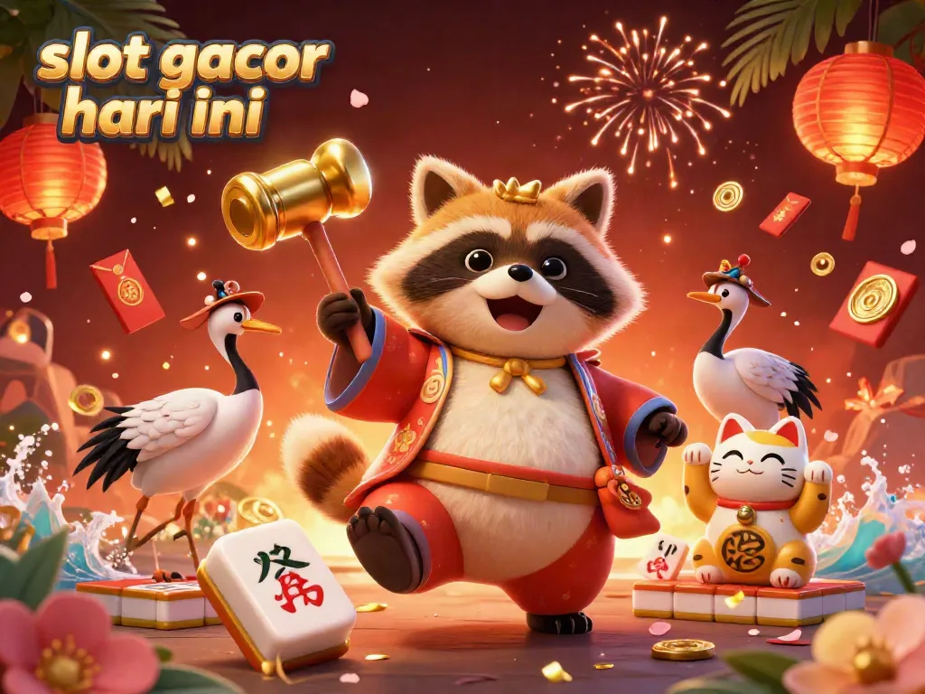 Experience slot gacor hari ini with a cheerful tanuki, samurai crane, and waving fortune cats in a vibrant casino scene.