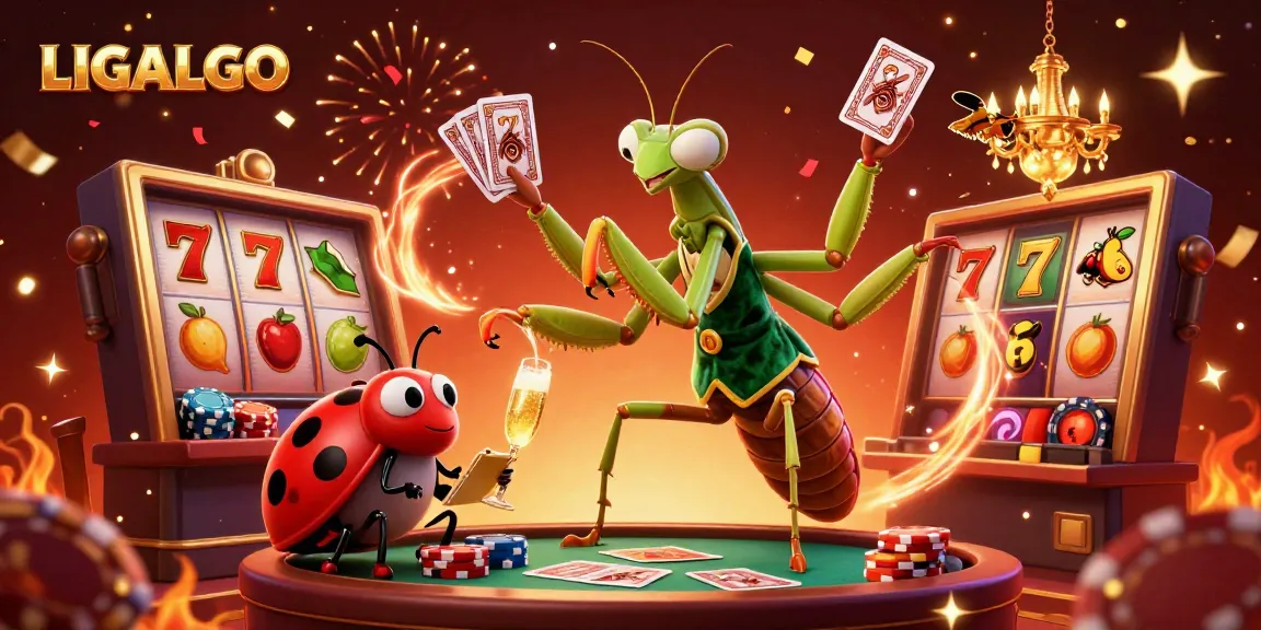 LIGALGO's vibrant online slots scene featuring a dynamic character lineup and celebratory elements.