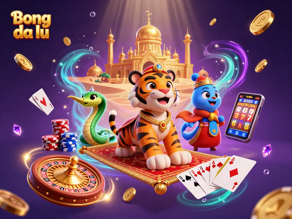 Bong da lu reveals dynamic casino actions with an Arabian tiger sultan, sparkling gems, and gaming treasures.