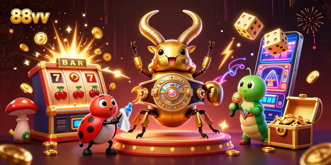 88vv reveals excitement through giant beetle boxing, slot machines, and vibrant casino elements.