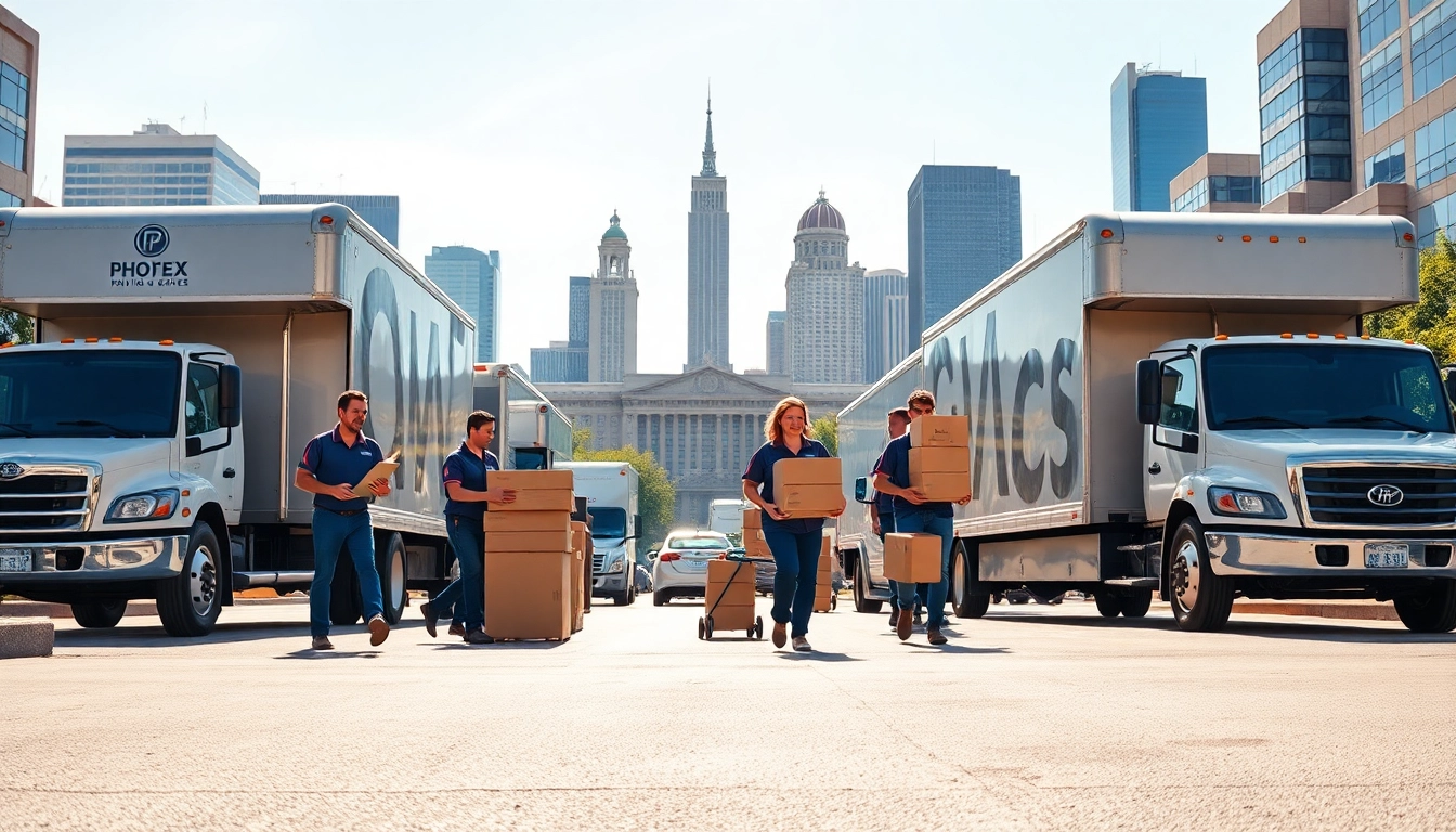 Efficient movers showcasing Affordable moving company Phoenix services amid a vibrant city backdrop.