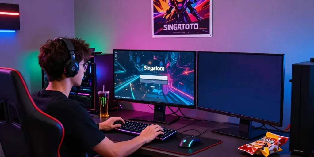 Engaged gamer at Singatoto login interface within a colorful gaming setup.