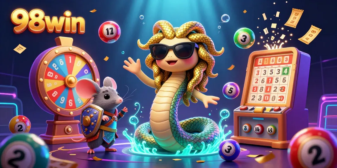 Engage with 98win's vibrant lottery scene featuring Medusa and a warrior mouse, filled with colorful game elements.