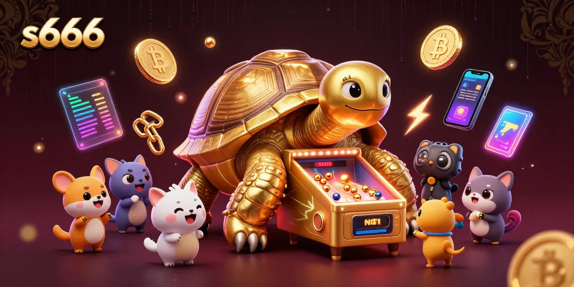 Play exciting games at s666 with animated gold tortoise and vibrant crypto elements.