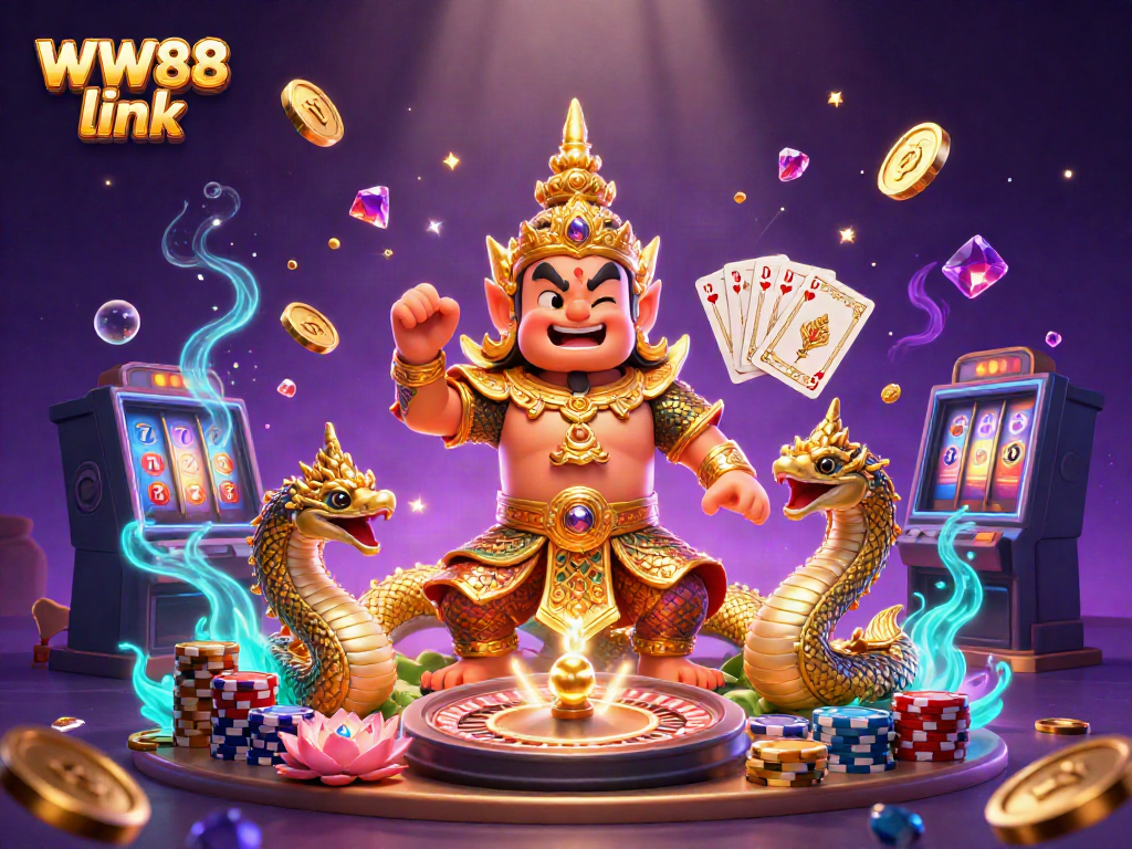 Experience the thrill of betting with the WW88 link surrounded by enchanting casino elements and characters.