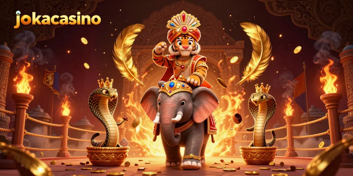 Experience the thrill at jokacasino with an energetic 3D illustration of a maharaja tiger and an elephant.