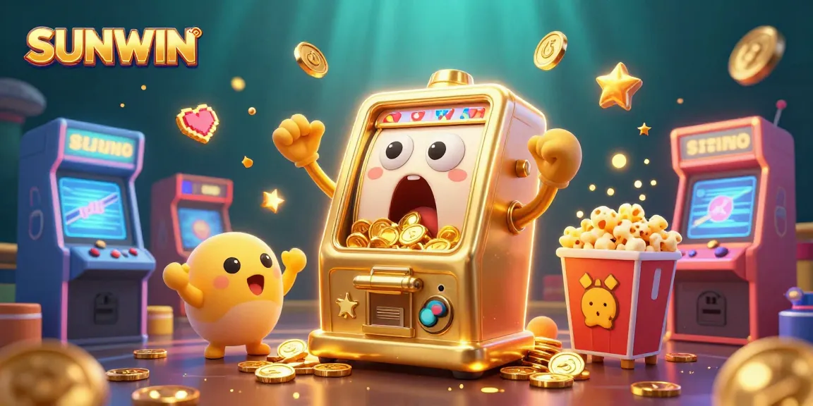 SUNWIN's cartoon slot machine celebrates a jackpot with cheering companions in a vibrant casino scene.