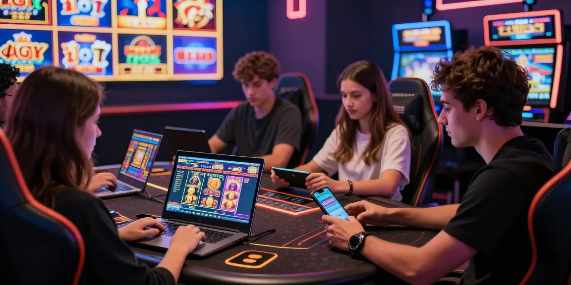 M98 สล๊อตเว็บตรง players enjoying vibrant online gaming experience with friends at casino-themed table.