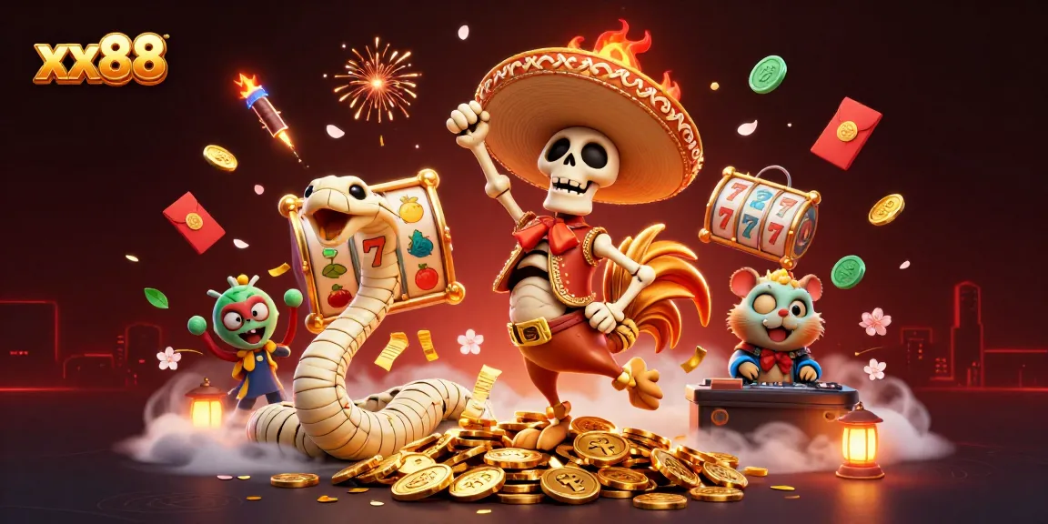 Experience the thrill of winning at XX88 with dynamic casino-themed 3D illustration and vibrant characters.