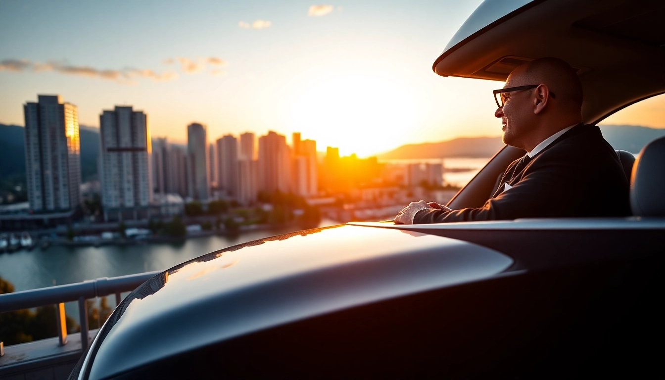 Experience chauffeur vancouver service with a professional driver in a luxury sedan against the city skyline.
