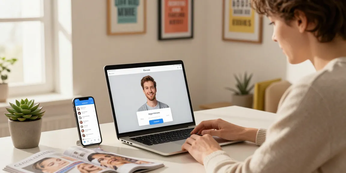 Young adult using an online tool to discover how old do I look in a cozy home office setting.