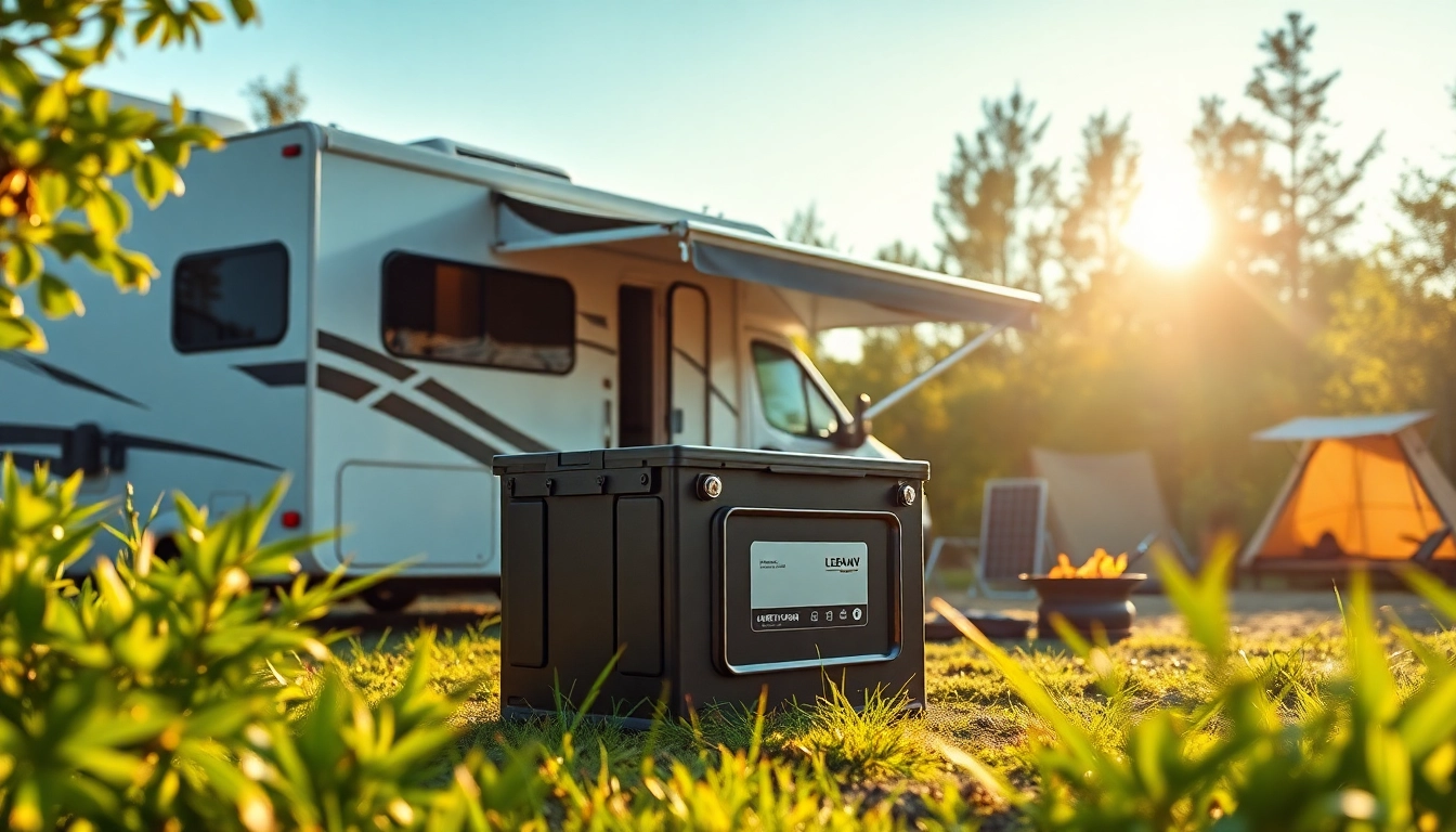 Showcase high-performance lithium RV batteries powering an RV in nature.