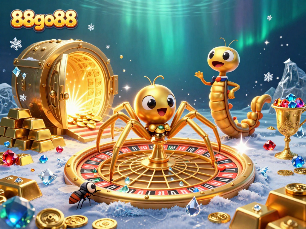 Place bets at 88go88 as a fly nervously approaches a golden roulette web with spider and centipede croupier.