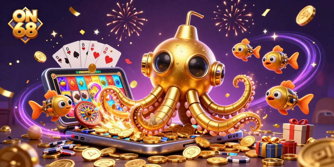 Engage with ON 68 at a vibrant casino scene showcasing golden kraken submarine with slot games and win big.