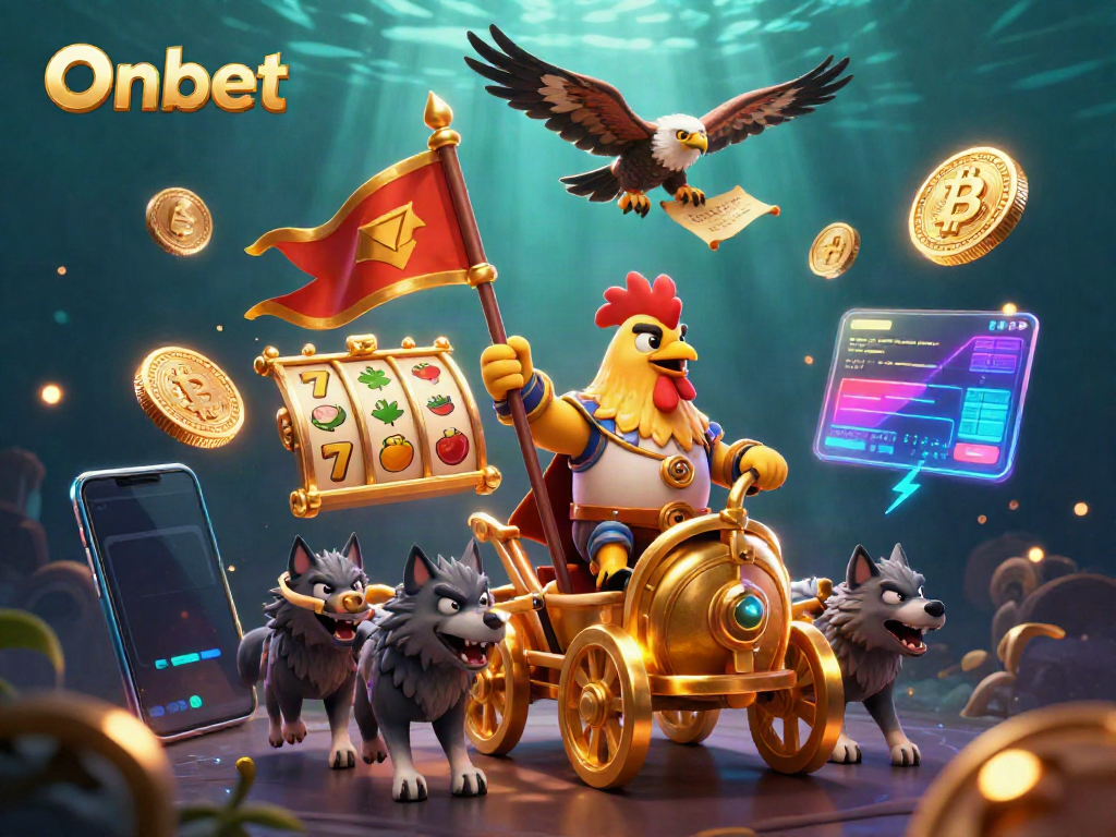 Experience thrilling gaming action with Onbet's dynamic online casino illustration showcasing exciting elements.