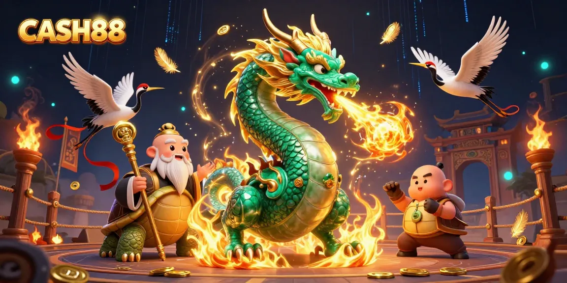 CASH88 invites players to experience exciting gaming with a dynamic scene featuring a jade dragon, turtle sage, and lucky cranes.